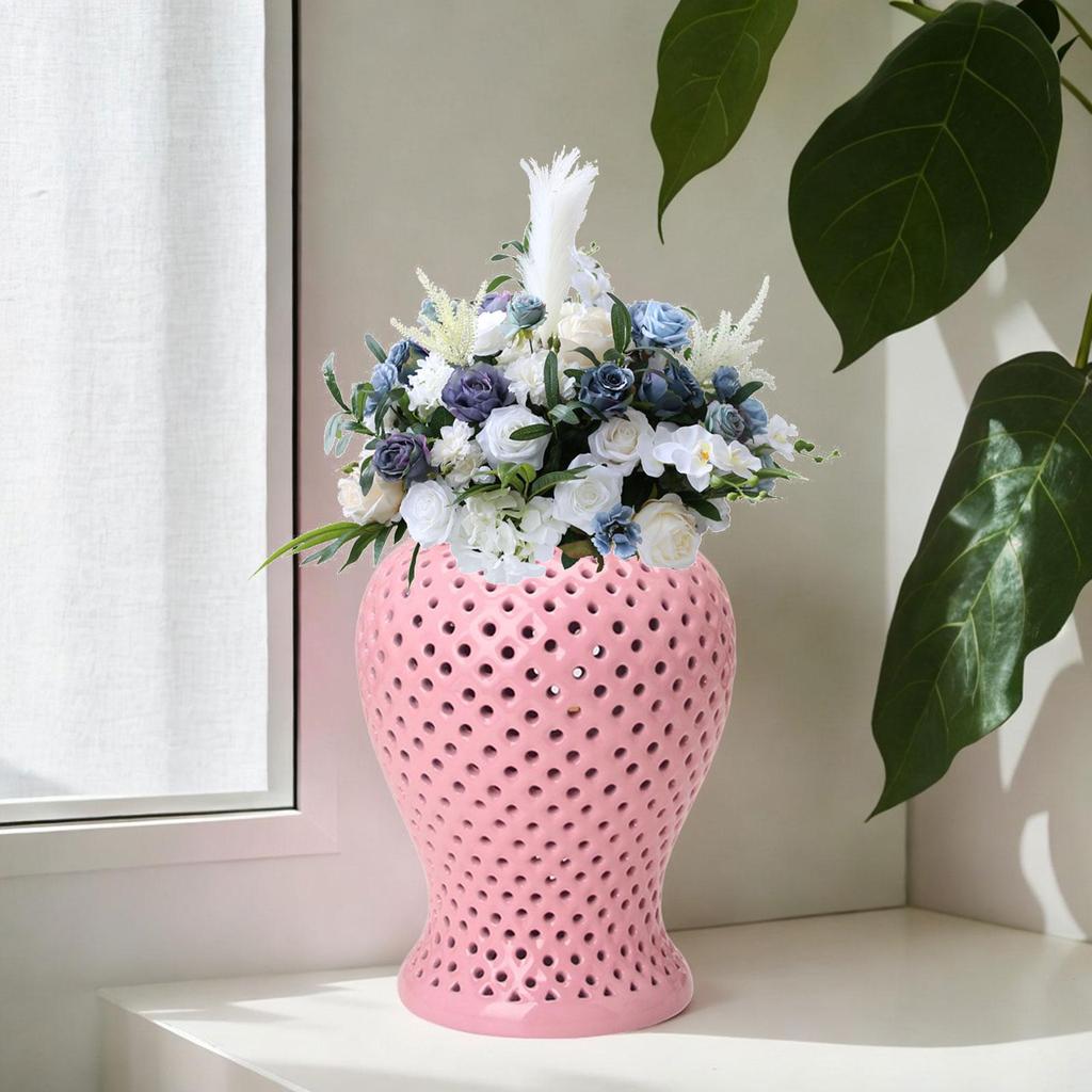 Porcelain Ginger Jar Hollow Out Temple with Lid Traditional Ceramic Vase 25cmx48cm