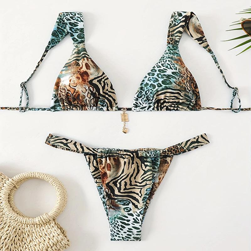 2025 Europejski i Amerykański Strój Kąpielowy Sznurowany z Nadrukiem Damski Trzyczęściowy Seksowny Bikini Plażowe do Noszenia na Basen Termalny
