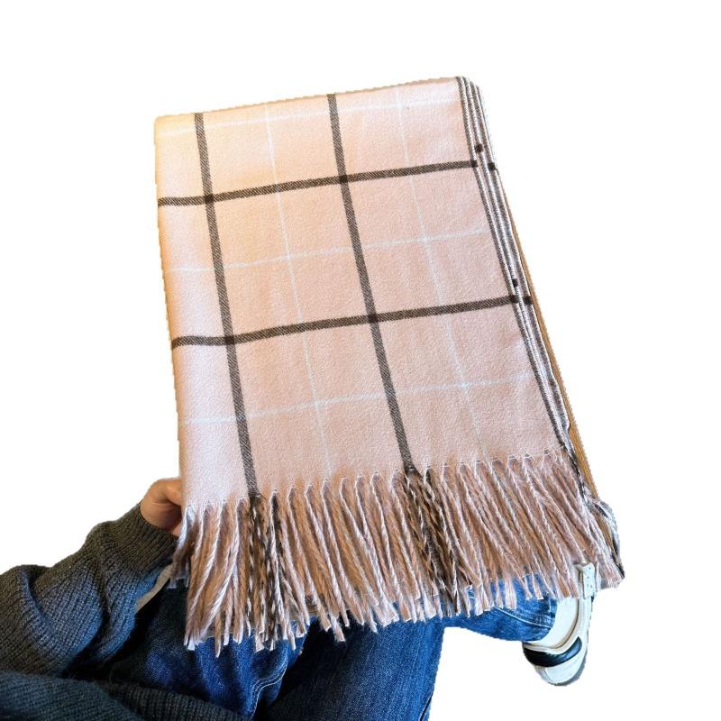 Autumn and Winter Retro Student Leisure Field Grid Scarf Women's Warm Soft Waxy Thickened Line Square Fringed Scarf