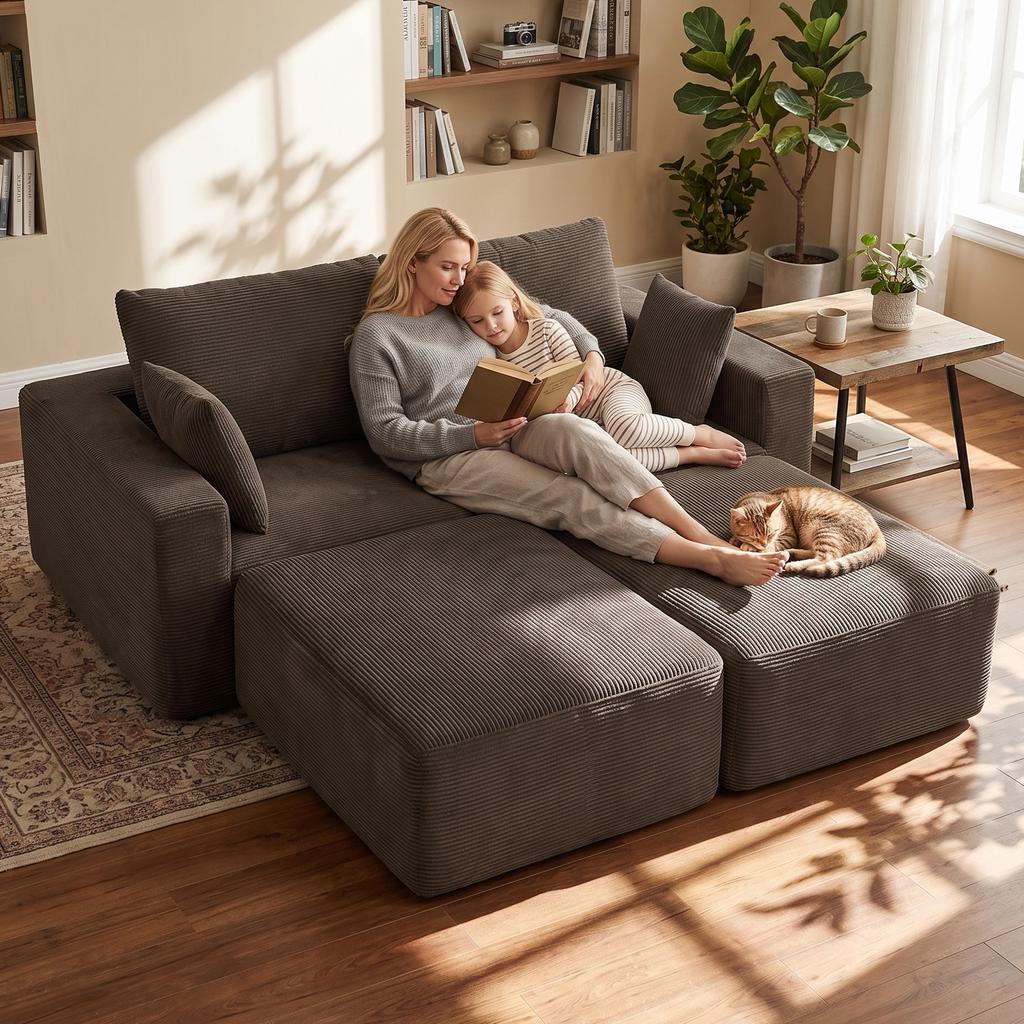 Modular U-Shaped Sofa 287 cm, Frameless, Wide Deep Corduroy Seat, High-Density Foam, No Assembly, Khaki