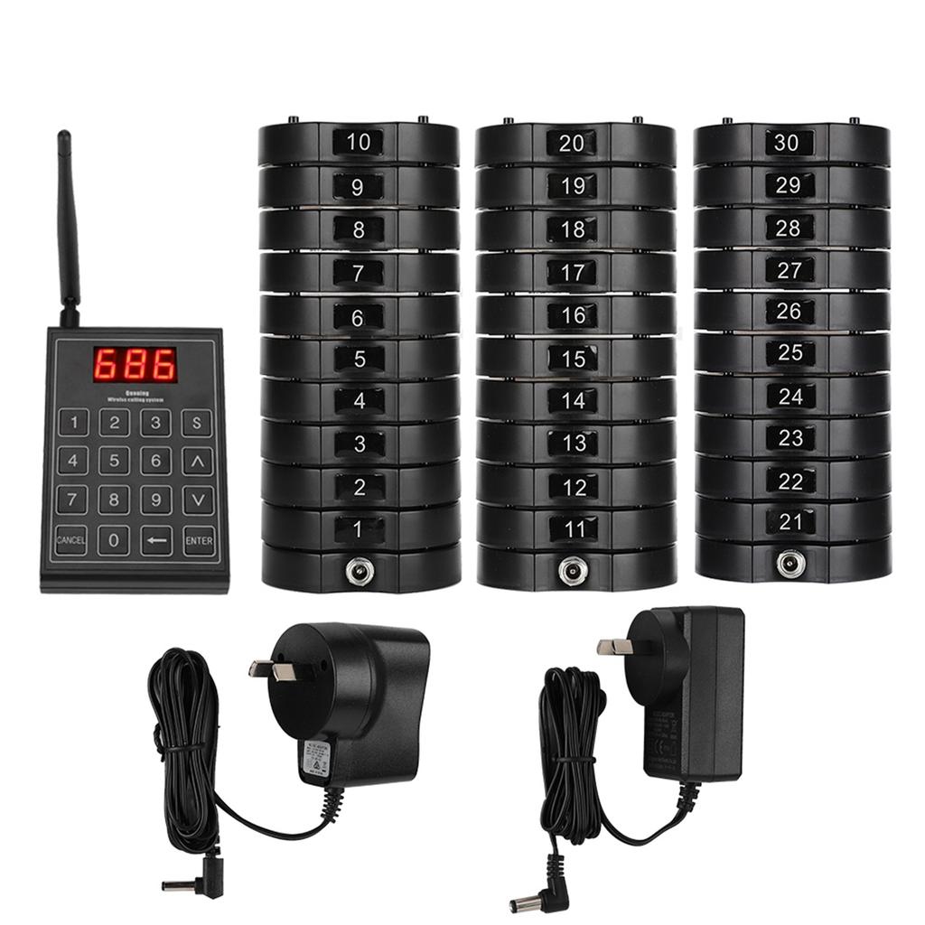 Restaurant Wireless Calling System Queuing Buzzer with 30pcs Coaster Pagers and A Keypad 100‑240V