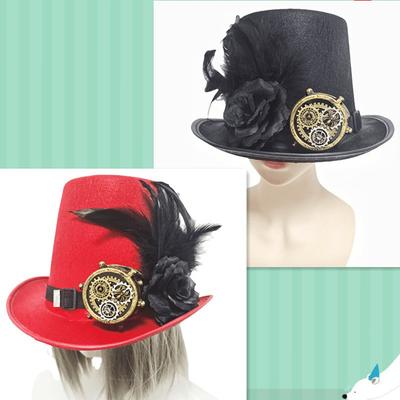 Punk Steam Wind Gear Rose Feather Flower Decoration High Top Hat Red Black Color