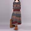 Women's Long Sleeve Cotton Linen Maxi Dress Vintage Bohemian Printed Patchwork Crew Neck Dress Fall Loose Outfit