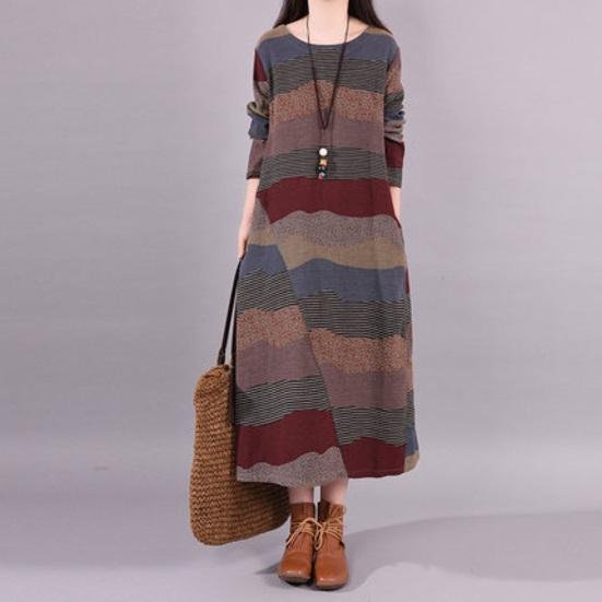 Women's Long Sleeve Cotton Linen Maxi Dress Vintage Bohemian Printed Patchwork Crew Neck Dress Fall Loose Outfit