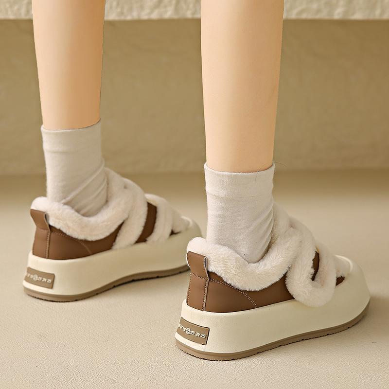 Women's Retro Velcro Thick Sole Fashion Lightweight Soft Sole Winter Warm Fur One Snow Boots Fluffy Lined Non-slip Casual Sports Cotton Boots