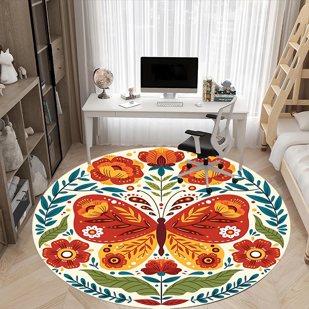 1pc Butterfly Flowers Office Round Area Rug, Indoor Mat Suitable For Office, Under Office Chairs Bedroom Living Room Home Decor, Room Deco