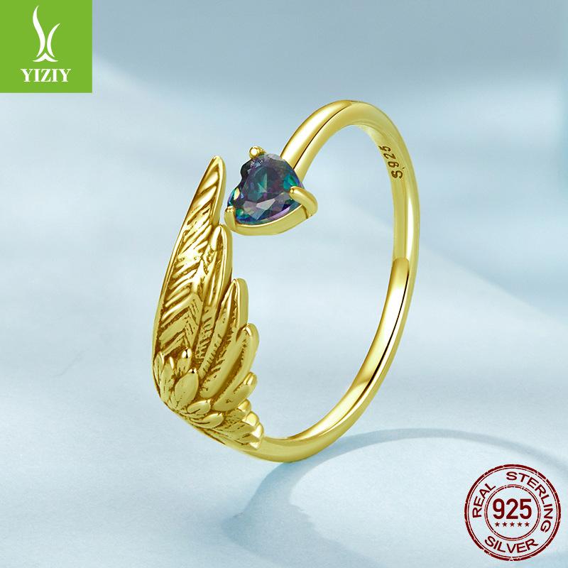 Colorful Love Wing Open Ring, Personalized Niche S925 Sterling Silver Wing Ring Ring