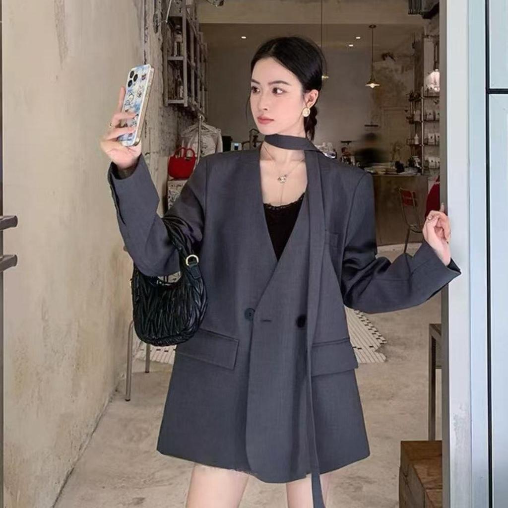 Elegant Belted Casual Blazer Women Spring Autumn Loose Fit Tied Sleeve Slimming Office Suit