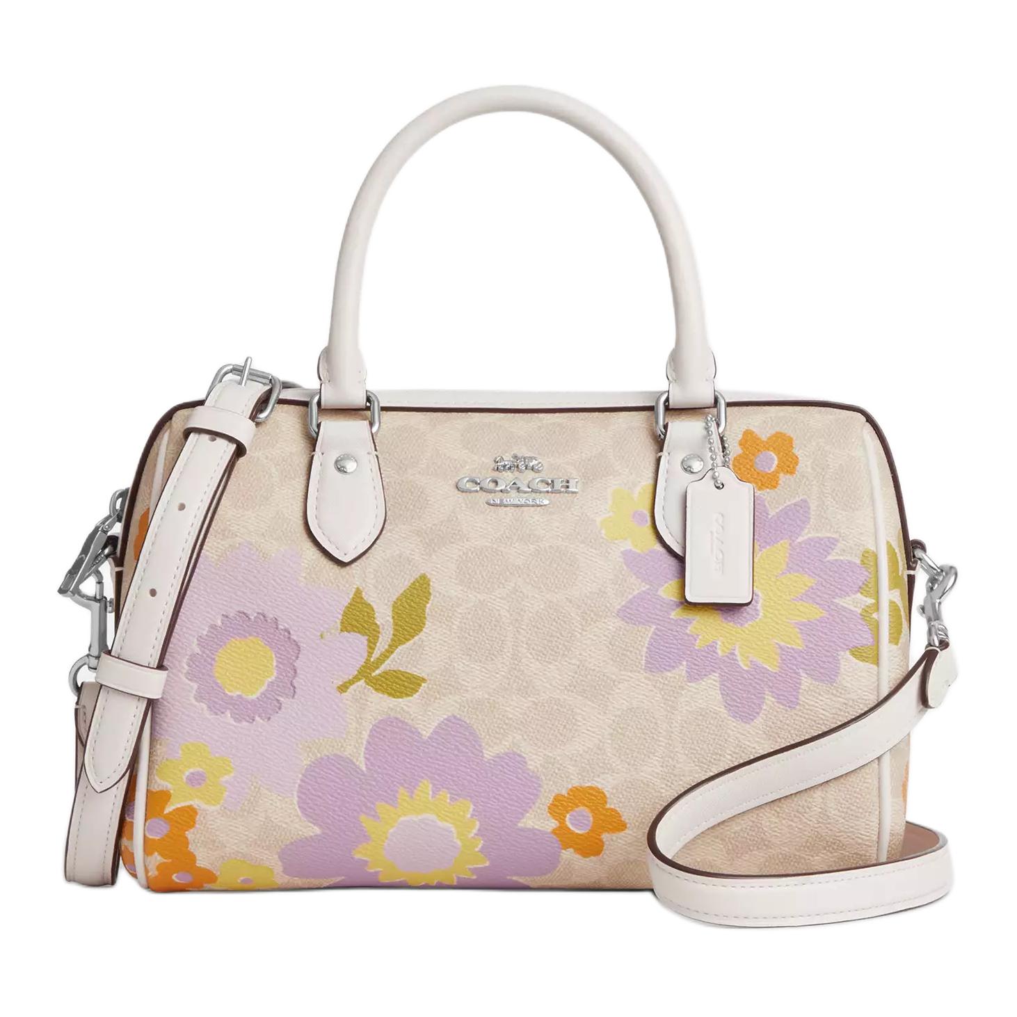 Coach Rowan 25 Logo Floral Print Coated Canvas Boston Bag Women handbags Khaki Purple CBG72-SVSAS Basic Set (Bag+Dust Bag)
