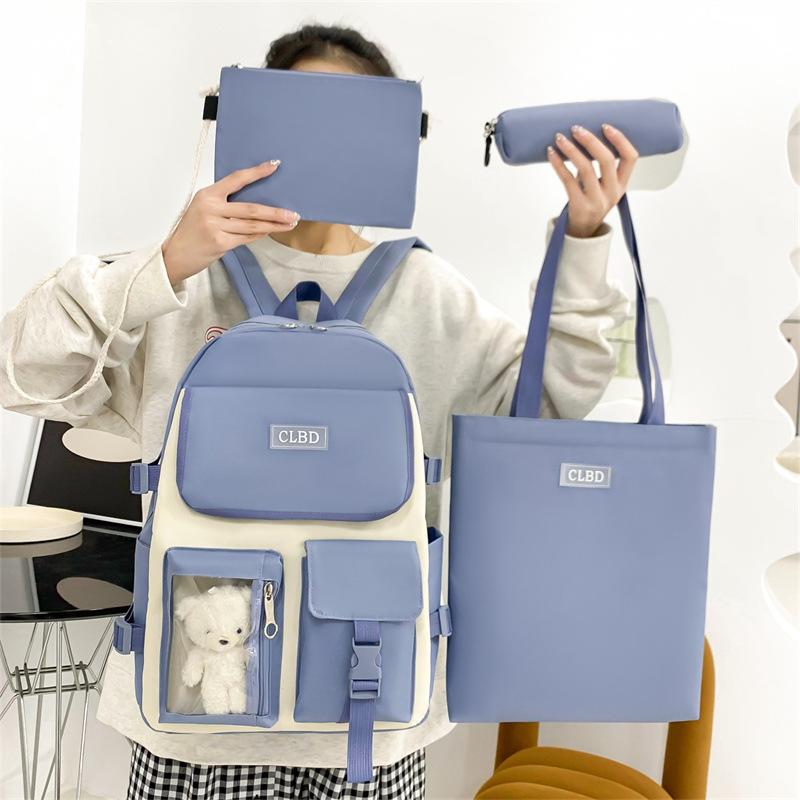 Four-piece Student Schoolbag Korean Version, Lightweight Tutoring Backpack, Fresh, Sweet, Simple and Large-capacity Canvas Bag
