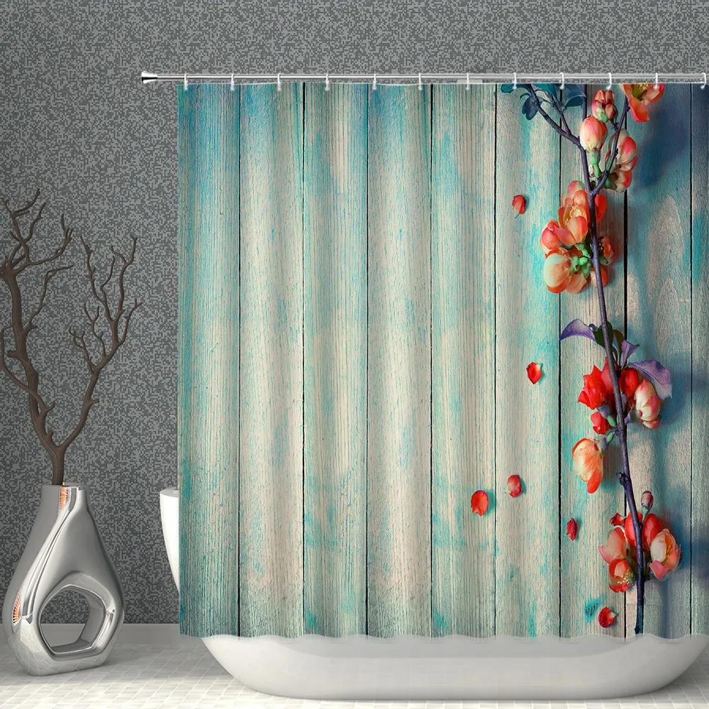 Wood Pattern Shower Curtain Cartoon Waterproof Polyester Fabric Bathroom With Hooks Machine Washable DIY Home Decor