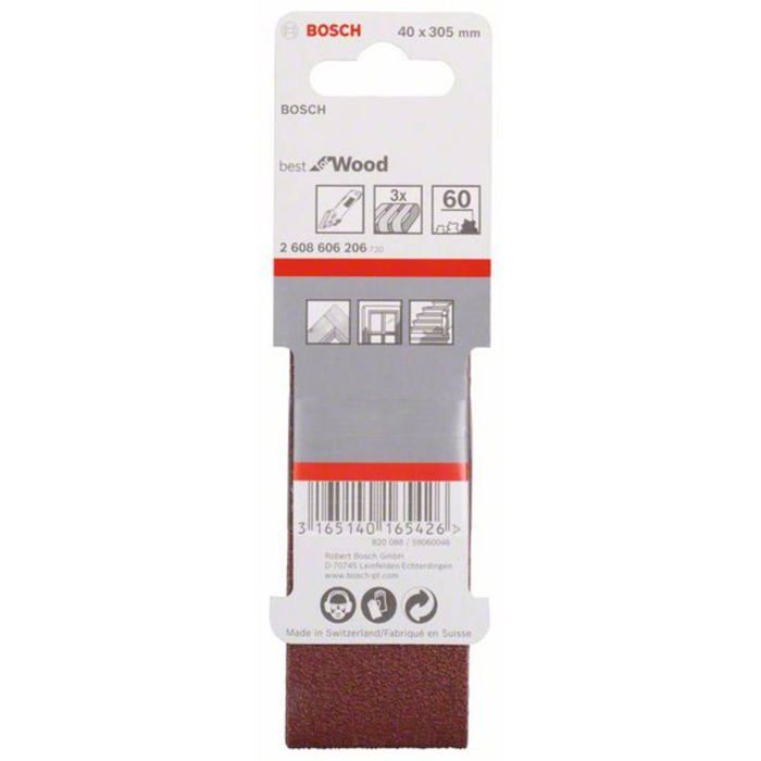 Bandes abrasives - bosch - lot de 3 - 40 x 305 mm - grain 60 - ponceuse à bande
