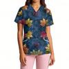Women's V-Neck Short Sleeve Work Top with Pockets Leaf Print