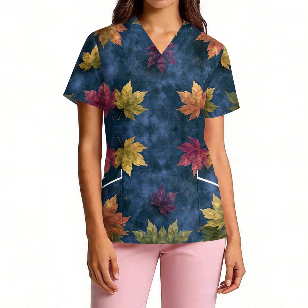 Women's V-Neck Short Sleeve Work Top with Pockets Leaf Print