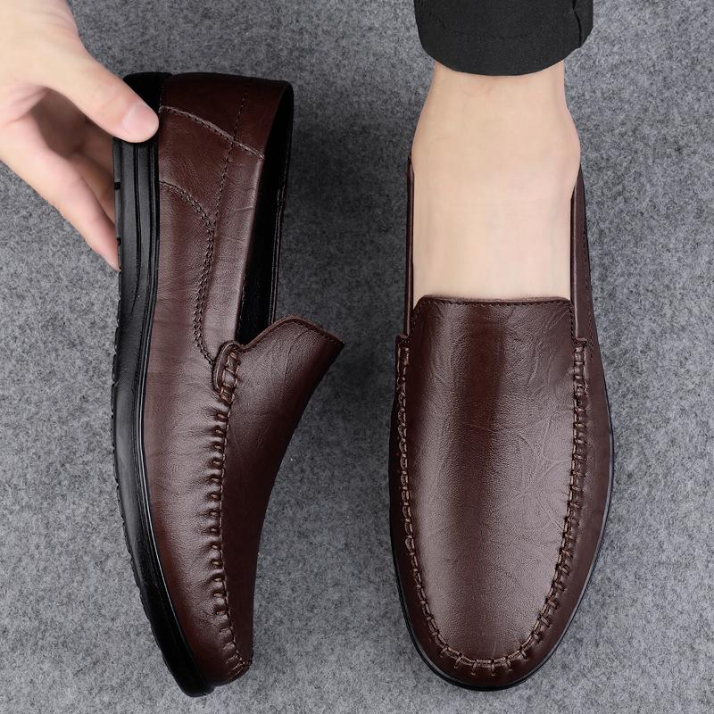 New 2024 Men Dress Shoes Genuine Leather Breathable Middle Aged Business Round Toe Wedding Footwear Male Flat