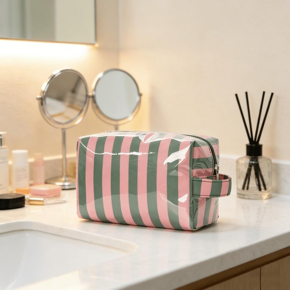 Waterproof Striped Toiletry Bag Large Capacity Pink Travel Cosmetic Storage Bag Simple Portable PVC Makeup Organizer Beach