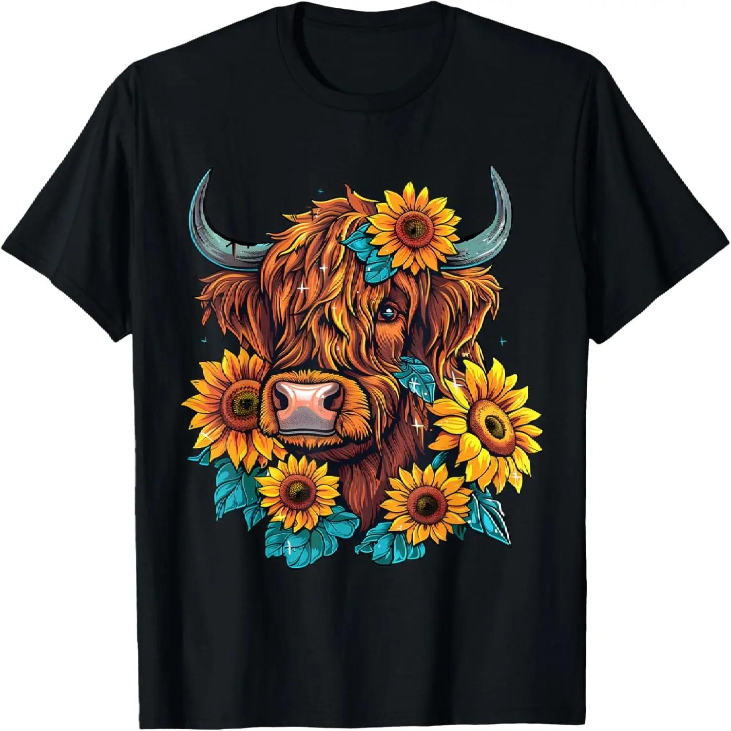 Cute Scottish Highland Cow with Sunflowers Design T-Shirt S