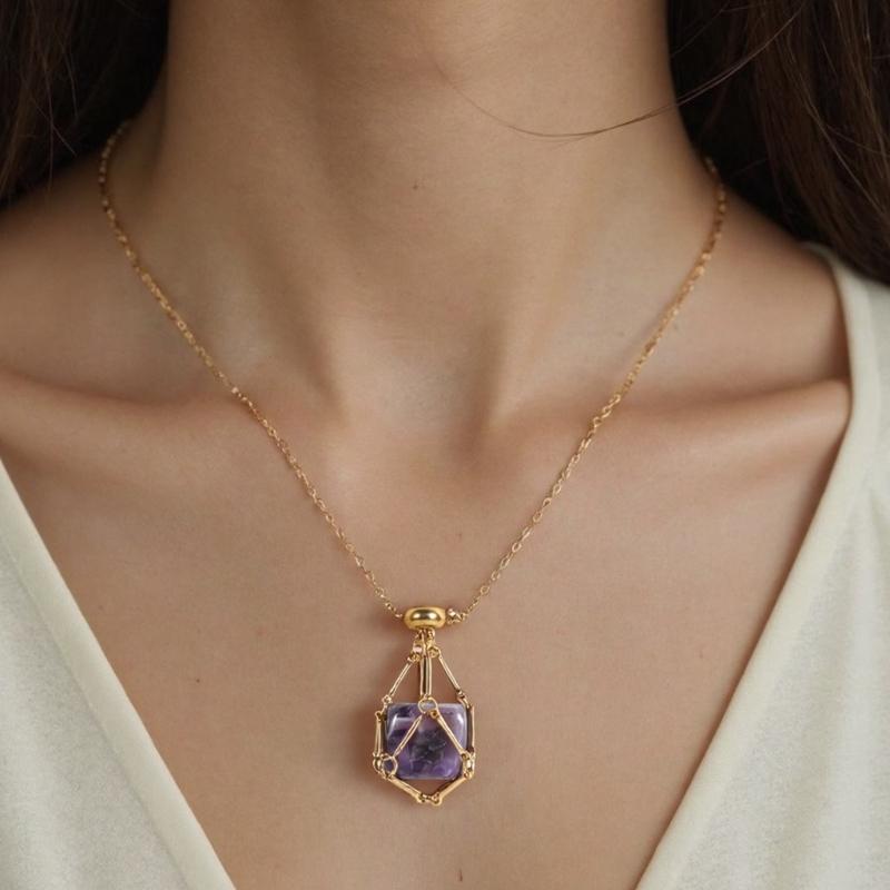 Handcrafted Square Crystal Pendant Necklace With Flexible Bamboo Link Chain And Secure Mesh Cage Setting For Elegant Occasions