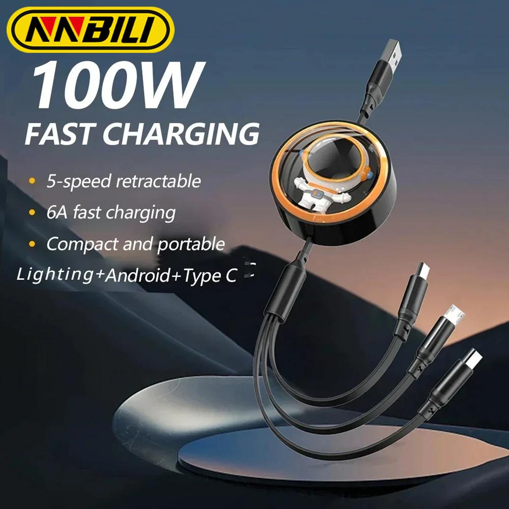 NNBILI 3 In 1 6A 100W USB Cable For ios/Type C/Micro USB Fast Charging Cable For iPhone Samsung Charger Telescopic Quick Charge
