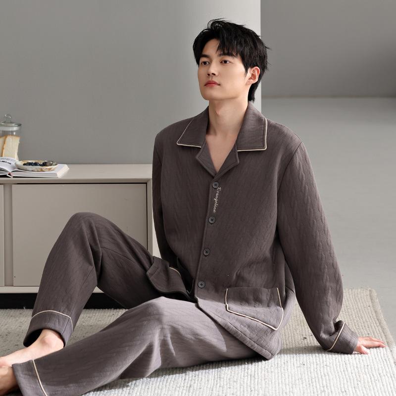 Pajamas Men'S Spring And Autumn Thickened Pure Cotton Long Sleeve Men'S Autumn And Winter Air Cotton Mezzanine Thin Cotton Loungewear
