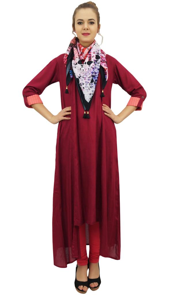 Bimba Asymmetrical Hem Maroon Rayon Kurta With Scarf Designer Kurti Clothing -