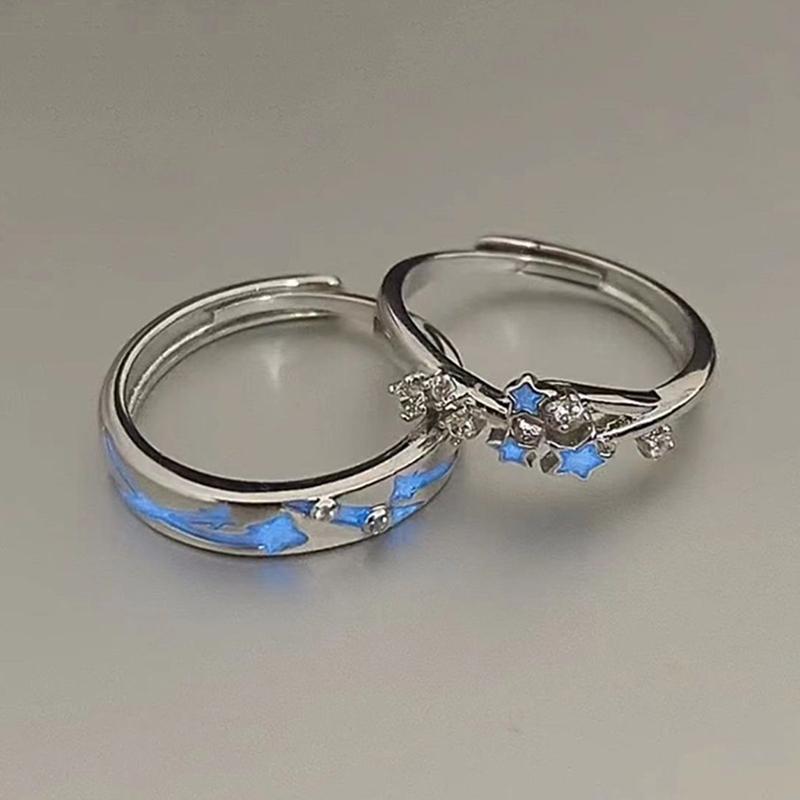 

2Pcs Fashion Blue Luminous Star Couple Ring Glow In Dark Fluorescent Zircon Ring Women Men Adjustable Finger Rings Zircon Gifts