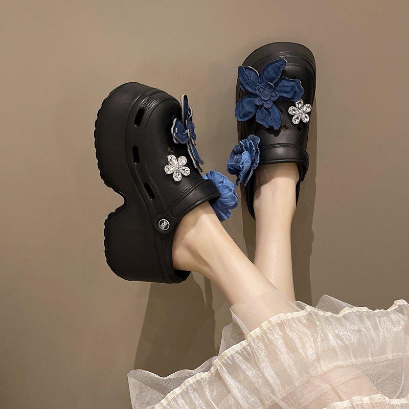 Fashion Slippers Women Summer Beach Shoes Slides Sabot Denim Floral Beach Shoes Ladies' Slippers Sabot Summer Denim Slides