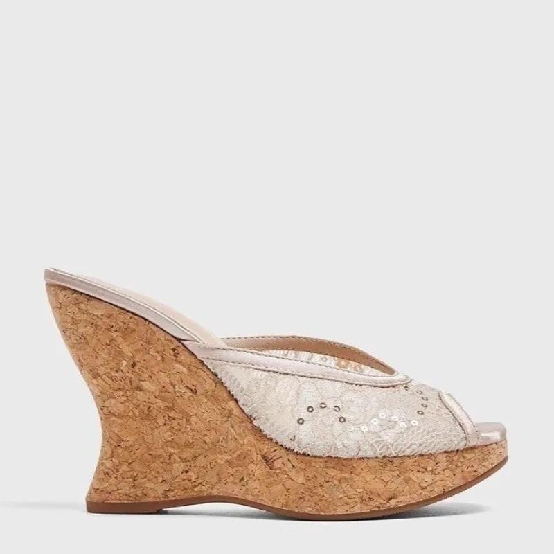 

Fashion Lace Wedge Slippers Women 2025 New Summer Outside Wear Sexy Fish Mouth Sandals High Heels 34