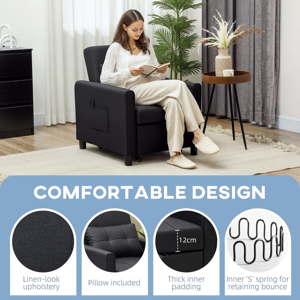 Linen-Look Single Chair Bed - Black