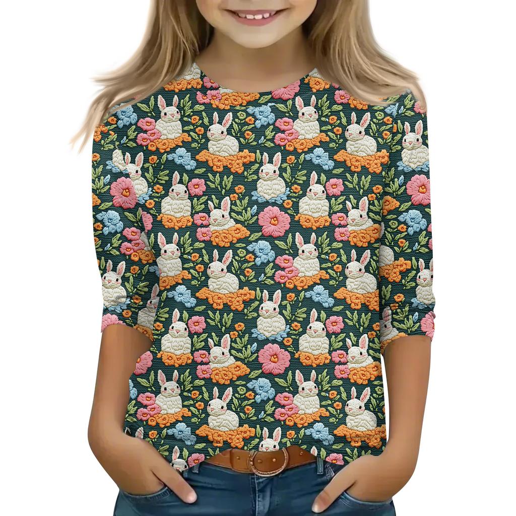 Print Tops For Youth Girls Round Neck 3/4 Sleeves T-Shirts Trendy Tops Outfit Tees