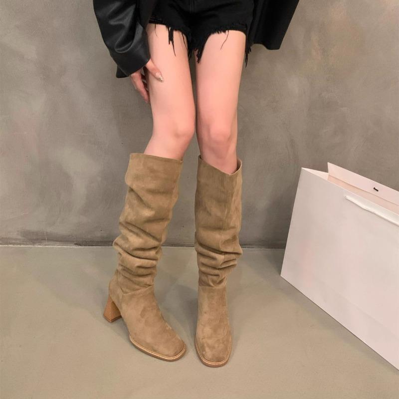 Fashion Pleated Temperament Versatile Suede High-heeled Boots Autumn and Winter New Square-toe Square-heel Sleeve Long Boots
