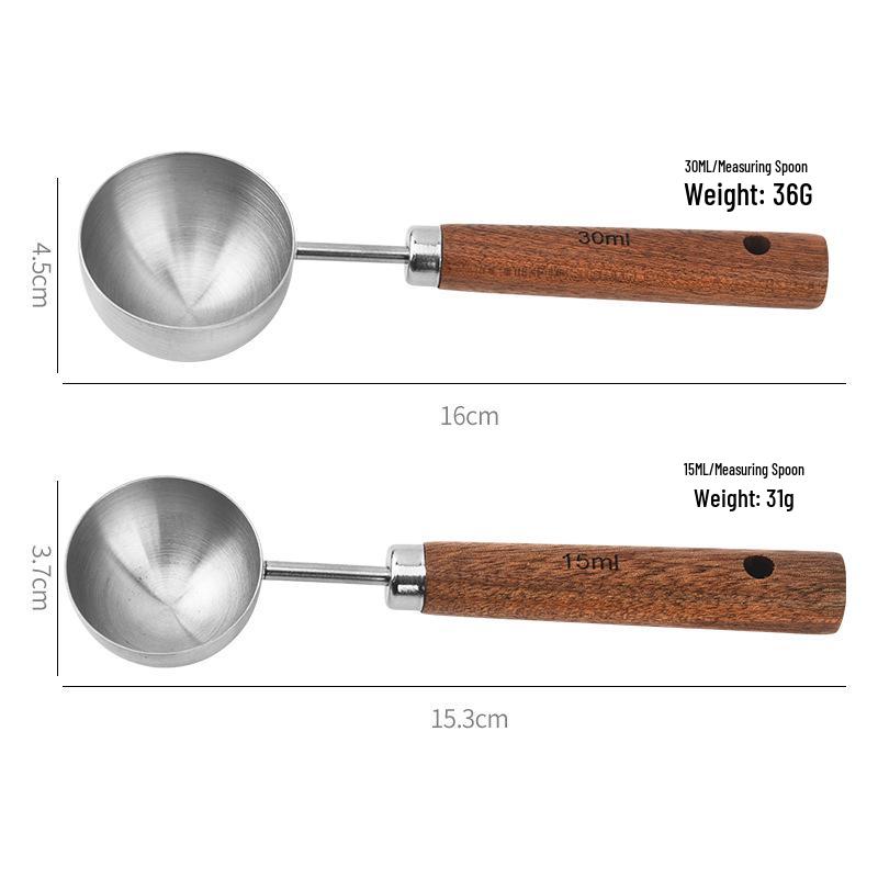 304 Stainless Steel Measuring Spoons with Walnut Handle and Scale - For Coffee, Baking, and Milk Powder