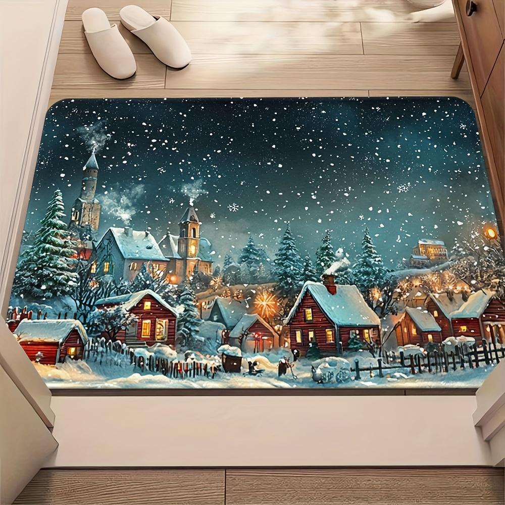 Vintage Red Merry Christmas Snowflake Letter Graphic Anti Slip Front Entry Doormat Classic Xmas Home Porch Floor Accent