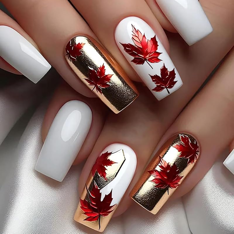 Fall Press on Nails Long Ballerina Coffin Nails Thanksgiving Maple Leaf Acrylic Glue on Nail Glossy Autumn Gold Maple Leaves Fake Nail for Women DIY