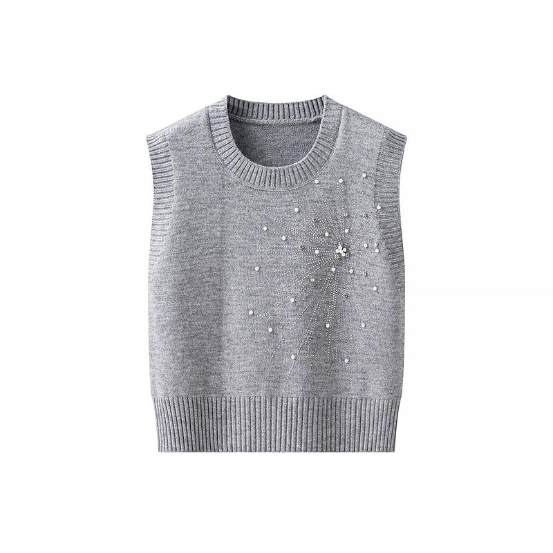 Summer Women Casual Sleeveless Solid Beading Knitted Sweater Pullover Vest Tops