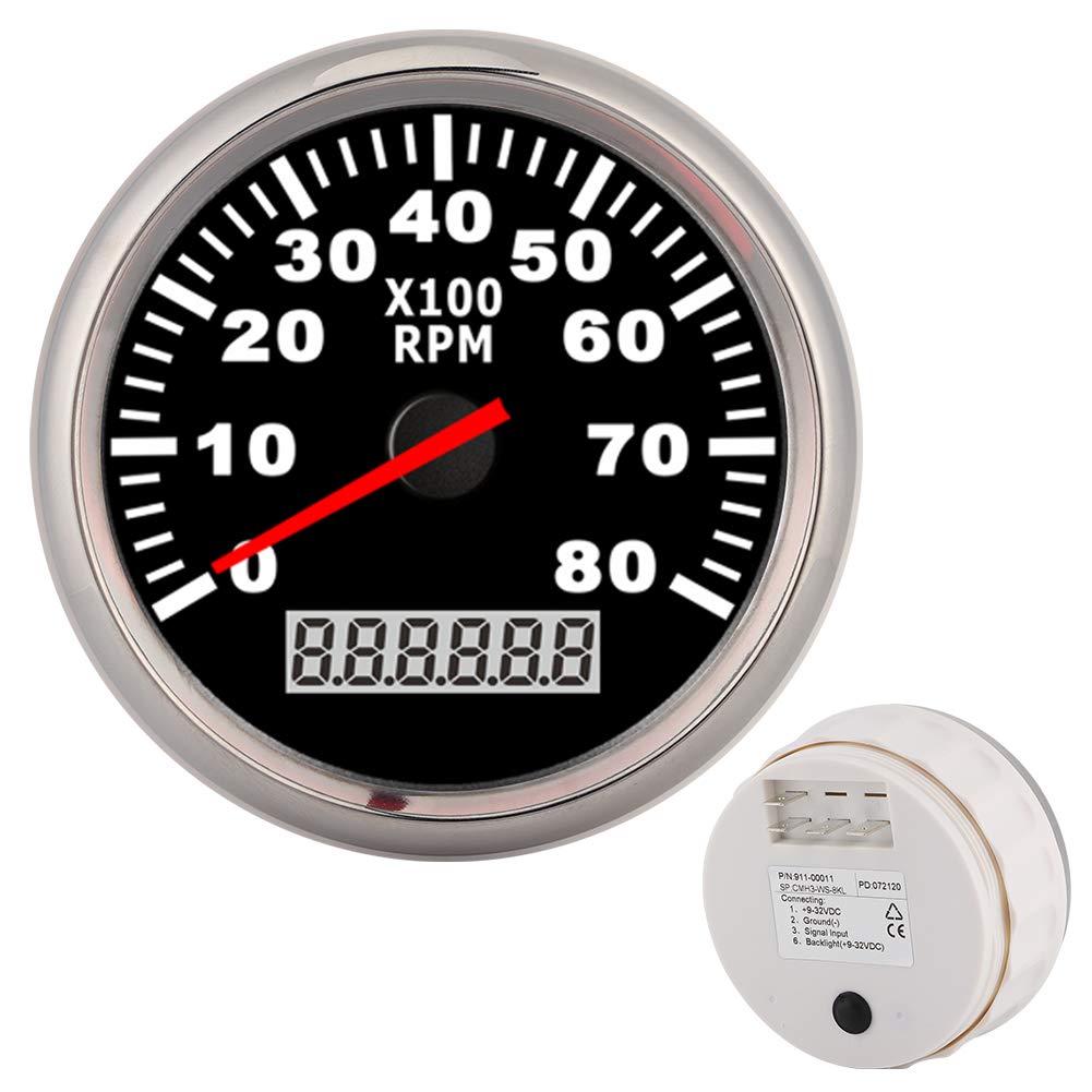 Akozon Pointer Digital Tachometer Waterproof Red LED Backlight Gauge 8000 RPM /24V Marine Hour