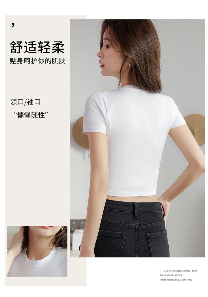 Small High Neck Pure Cotton Design New Spring and Summer Crop Exposed Short Style Slim Fit Bottom Top JS