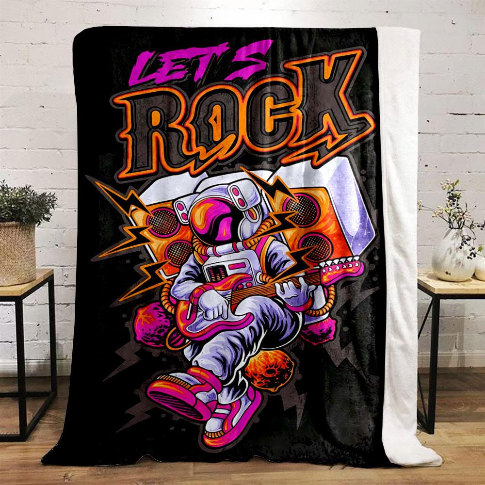 Astronaut playing electric guitar with vibrant cosmic and speaker elements. for all seasons blanket lunch break throw gift
