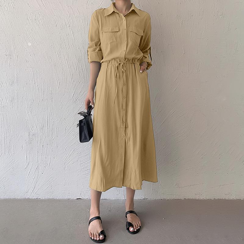 ZANZEA Damska codzienna luźna sukienka z kołnierzykiem wykładanym i rękawem 3/4