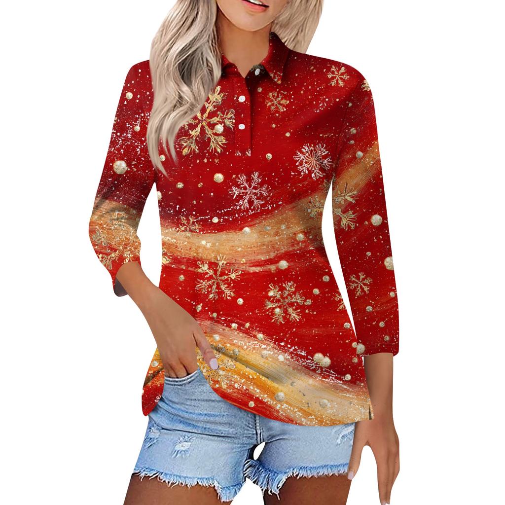 Women's Fashion Casual Lapel Short 3/4 Sleeve Christmas Print Shirt Women's Button Up Tops