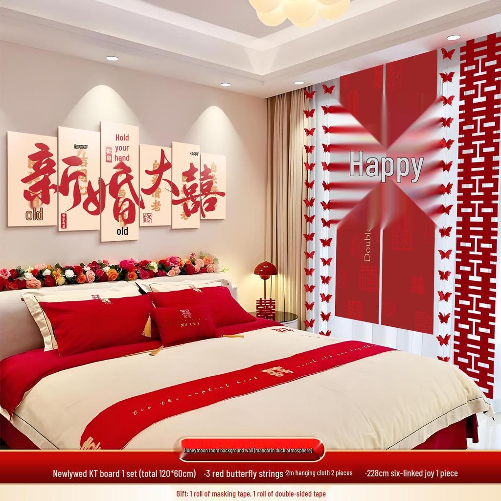 Wedding Room Décor Set: Bride & Groom Bedside Background with Pull Flowers & Double Happiness KT Board