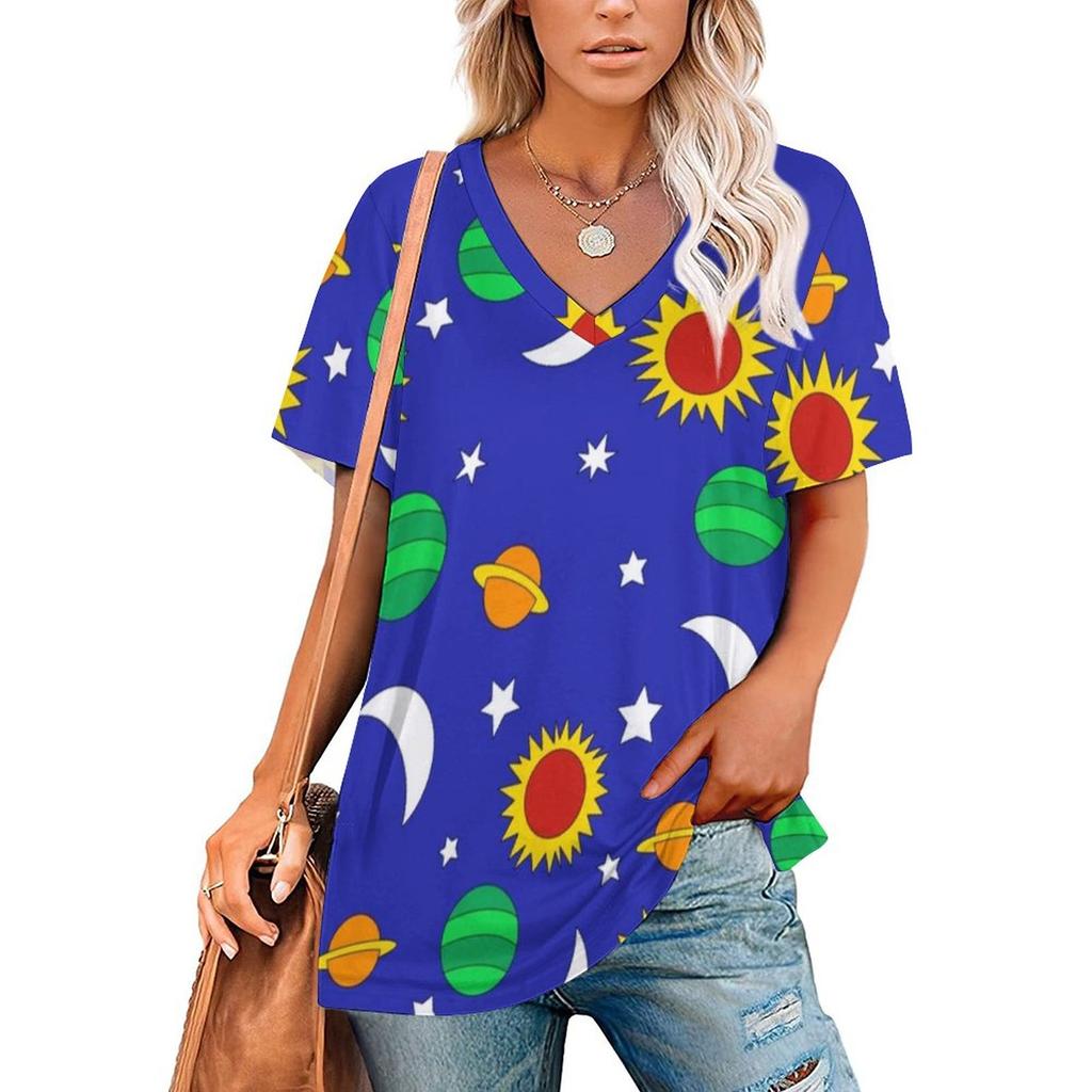 Vintage Moon T-Shirt Tarot Art Collage Retro T Shirts V Neck Short-Sleeve Printed Tshirt Women Classic Top Tees Big Size 3XL 4XL