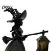 Gothic Halloween Decorations Witch Holding Lantern Light, with Spider Web Pattern Decor, Retro Party Supplies Style Resin Glowing Sculpture,