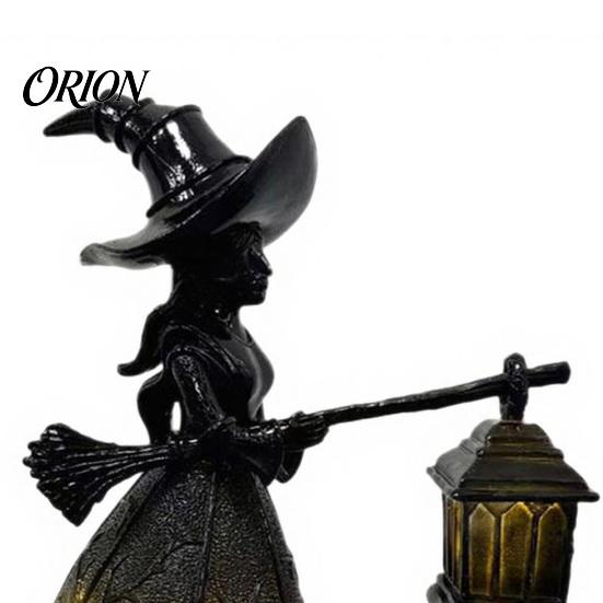 Gothic Halloween Decorations Witch Holding Lantern Light, with Spider Web Pattern Decor, Retro Party Supplies Style Resin Glowing Sculpture,