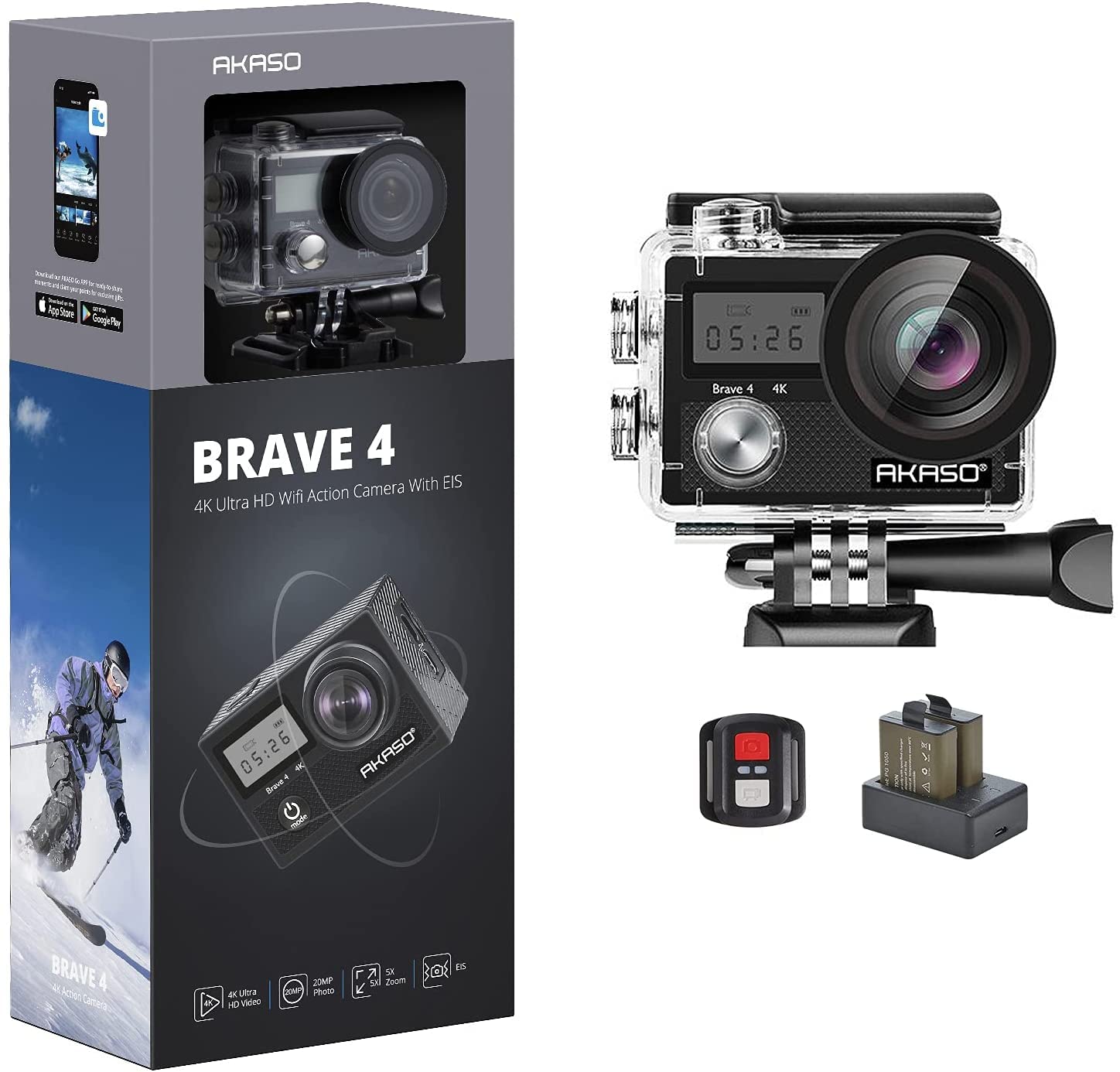 

AKASO Brave 4 Action 4K Image External 30M Underwater Remote 5X Wide Range of Wearable Camera Camera, 30FPS, 20MP, WiFi, Stabilization, Microphone,