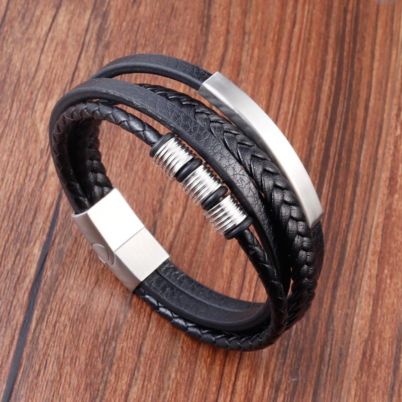 

Luxury Classic Multi-layer Style Hand-woven Winding Stainless Steel Men s Leather Bracelet With Magnet Clasp For Men s Jewelry 21cm