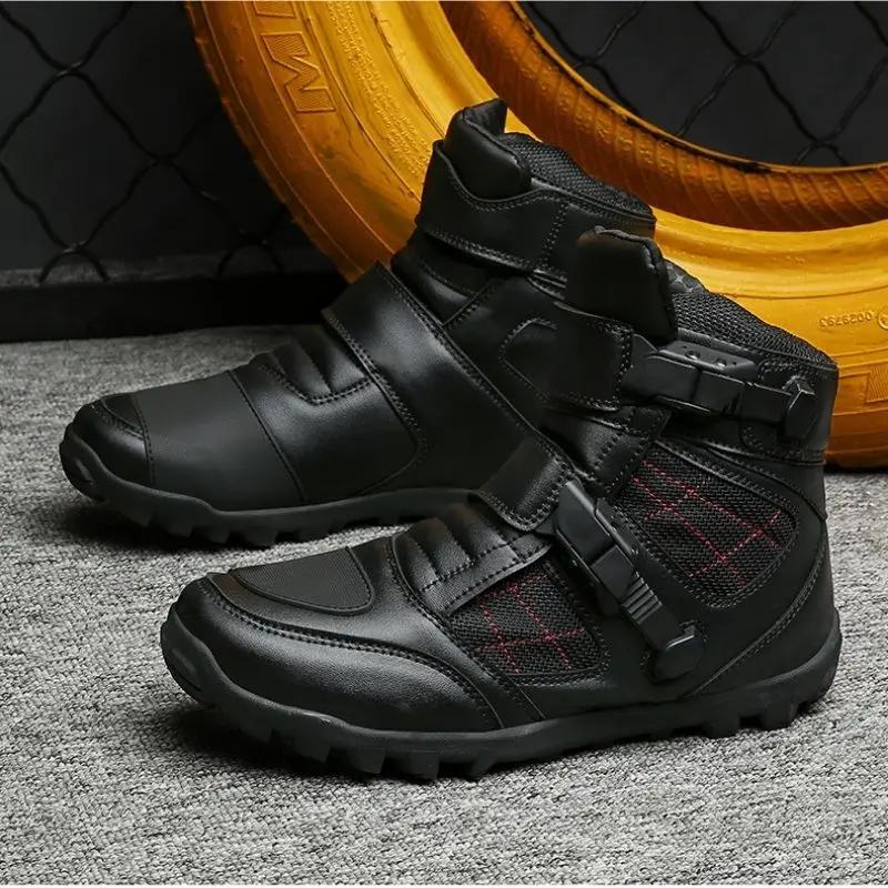 Black Leather Motorcycle Shoes Men Women Motocross Boots Summer Breathable Light Adventure Biker Boot For Urban Riding Racing