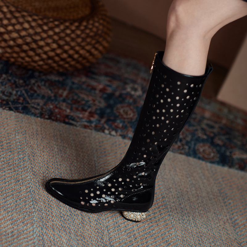 Krazing Pot – bottes d'été à bout rond en microfibre, décorations creuses à la mode, bottes d'été, cuissardes hautes