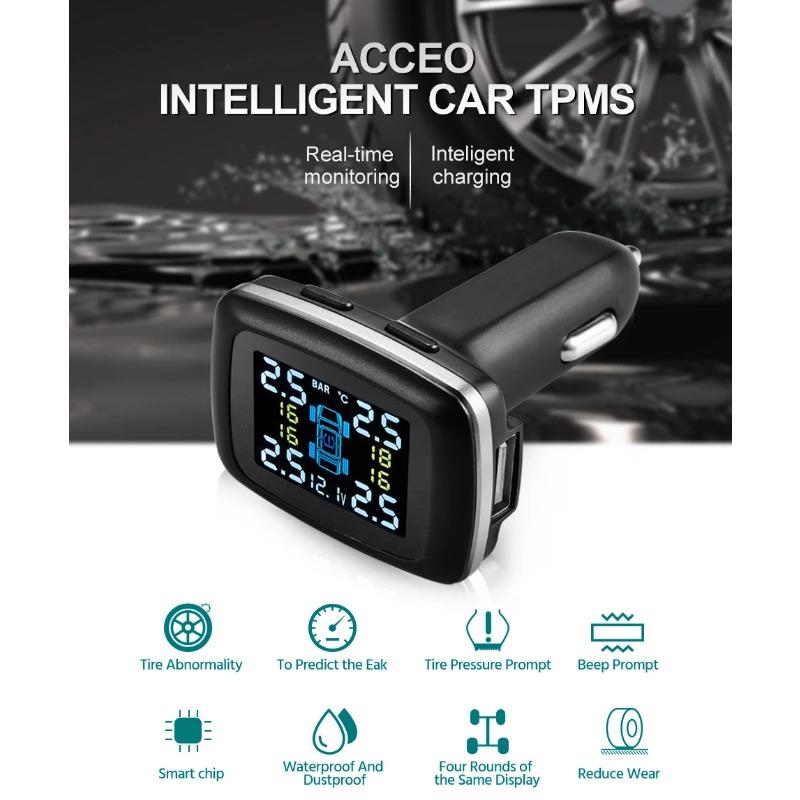 Bildekktrykkovervåkingssystem, med 4 sensorer Smart Device, Display, Temperaturalarm, Sigarettenner, USB, TPMS