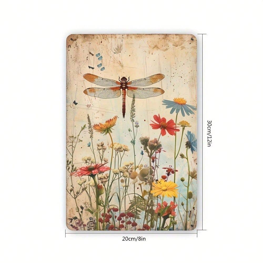 Vintage Floral Dragonfly Tin Sign Wall Decor Metal Plaque for Home Kitchen Bar Cafe